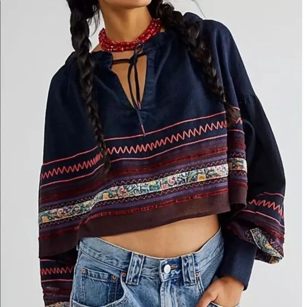 Free People We the Free Poppy Embroidered Indigo Top Small NWT